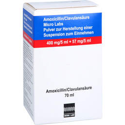 Abbildung: Amoxicillin / Clavulansäure Micro La.400 / 57mg / 5ml 70 ml, Pulver zur Herstellung einer Suspension zum Einnehmen PZN 17371574