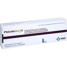 Abbildung: Pneumovax 23 Injektionslösung in einer Fertigspritze + 2 beigef.Kanülen 0.5 ml, Injektionslösung in einer Fertigspritze PZN 17394782