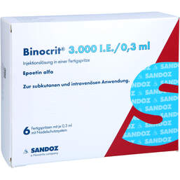 Abbildung: Binocrit 3.000 I.E. / 0,3 ml Injektionslösung in einer Fertigspritze  6X0.3 ml, Injektionslösung in einer Fertigspritze PZN 17412014