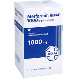 Abbildung: Metformin Hexal 1000 mg Filmtabletten Dose 100 St, Filmtabletten PZN 17420775