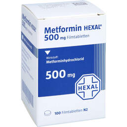 Abbildung: Metformin Hexal 500 mg Filmtabletten Dose 100 St, Filmtabletten PZN 17420781