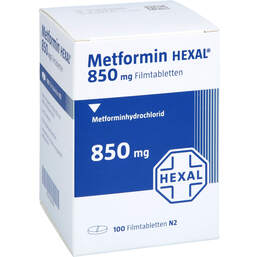 Abbildung: Metformin Hexal 850 mg Filmtabletten Dose 100 St, Filmtabletten PZN 17420798