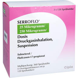 Abbildung: Serroflo 25 µg / 250 µg 3x120 Hub Dosieraerosol 3 St, Dosieraerosol PZN 17438611