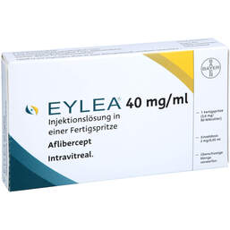 Abbildung: Eylea 40 mg / ml Injektionslösung in einer Fertigspritze  1 St, Injektionslösung PZN 17438887