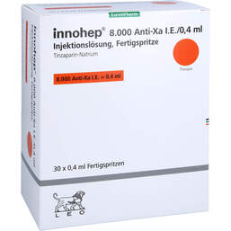 Abbildung: Innohep 8.000 Anti-Xa I.E. / 0,4ml Injektionslösung i.e.FS 30 St, Injektionslösung in einer Fertigspritze PZN 17507890