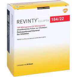 Abbildung: Revinty Ellipta 184 µg / 22 µg Einzeldosis P.z.Inh.30ED 1 St, Inhalationspulver PZN 17510857