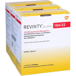 Abbildung: Revinty Ellipta 184 µg / 22 µg Einzeldosis P.z.Inh.30ED 3 St, Inhalationspulver PZN 17510863
