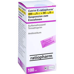 Abbildung: Cotrim E-ratiopharm 400mg / 5ml + 80mg / 5ml Suspension z.E. 100 ml, Suspension zum Einnehmen PZN 17550590