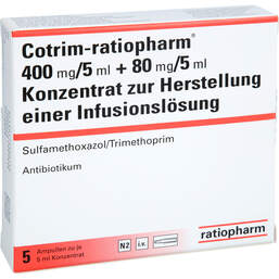 Abbildung: Cotrim-ratiopharm 400mg / 5ml + 80mg / 5ml K.H.Infusionsl. 5 St, Infusionslösungskonzentrat PZN 17550615