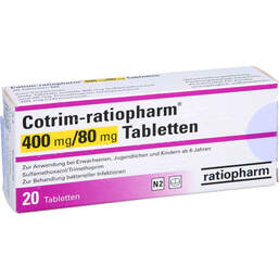 Abbildung: Cotrim-ratiopharm 400 mg / 80 mg Tabletten 20 St, Tabletten PZN 17550650