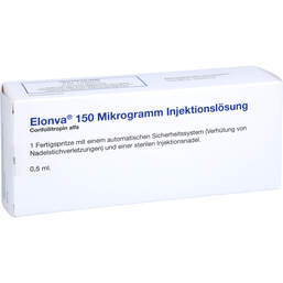 Abbildung: Elonva 150 Mikrogramm Injektionslösung in einer Fertigspritze 0.5 ml, Injektionslösung PZN 17569419