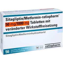 Abbildung: Sitagliptin / Metformin-ratiopharm 50mg / 1000mg Tvw 56 St, Tablette mit veränderter Wirkstofffreisetzung PZN 17574254