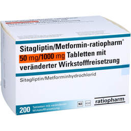 Abbildung: Sitagliptin / Metformin-ratiopharm 50mg / 1000mg Tvw 200 St, Tablette mit veränderter Wirkstofffreisetzung PZN 17574260