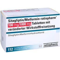 Abbildung: Sitagliptin / Metformin-ratiopharm 100mg / 1000mg Tvw 112 St, Tablette mit veränderter Wirkstofffreisetzung PZN 17574283