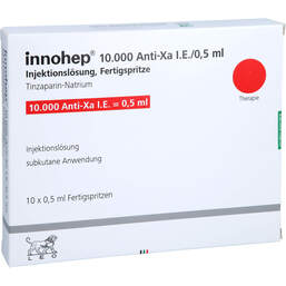 Abbildung: Innohep 10.000 Anti-Xa I.E. / 0,5ml Injektionslösung i.e.FS 10 St, Injektionslösung in einer Fertigspritze PZN 17578602