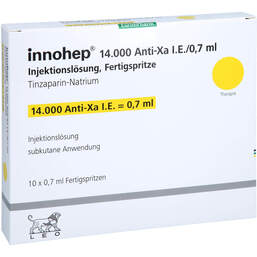 Abbildung: Innohep 14.000 Anti-Xa I.E. / 0,7ml Injektionslösung i.e.FS 10 St, Injektionslösung in einer Fertigspritze PZN 17578631