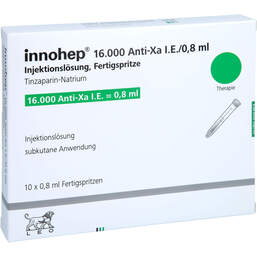 Abbildung: Innohep 16.000 Anti-Xa I.E. / 0,8ml Injektionslösung i.e.FS 10 St, Injektionslösung in einer Fertigspritze PZN 17578654