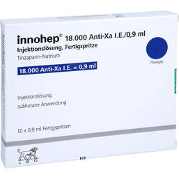 Abbildung: Innohep 18.000 Anti-Xa I.E. / 0,9ml Injektionslösung i.e.FS 10 St, Injektionslösung in einer Fertigspritze PZN 17580467