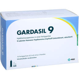 Abbildung: Gardasil 9 Injektionssuspension in einer Fertigspritze 10 St, Injektionssuspension PZN 17604498