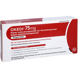 Abbildung: Okedi 75 mg Pulver + LM z.H.e.depuratus Injektionssuspension Fert.-S. 1 St, Pulver und Lösungsmittel zur Herstellung einer Depot-Injektionssuspension PZN 17617667