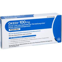 Abbildung: Okedi 100 mg Pulver + LM z.H.e.depuratus Injektionssuspension Fert.-S. 1 St, Pulver und Lösungsmittel zur Herstellung einer Depot-Injektionssuspension PZN 17617704