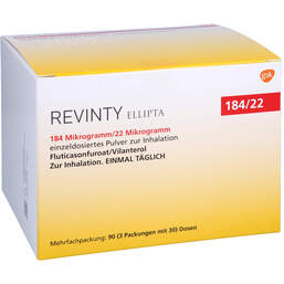 Abbildung: Revinty Ellipta 184 µg / 22 µg Einzeldosis P.z.Inh.30ED 3 St, Inhalationspulver PZN 17623805