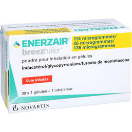 Abbildung: Enerzair Breezhaler 114µg / 46µg / 136µg Hkp.P.z.Inh. 30 St, Hartkapseln mit Pulver zur Inhalation PZN 17638095