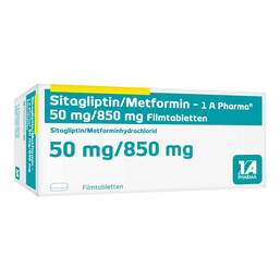 Abbildung: Sitagliptin / Metformin-1A Pharma 50 mg / 850 mg Fta 56 St, Filmtabletten PZN 17816148