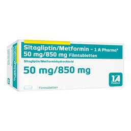 Abbildung: Sitagliptin / Metformin-1A Pharma 50 mg / 850 mg Fta 196 St, Filmtabletten PZN 17816154