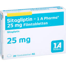 Abbildung: Sitagliptin-1A Pharma 25 mg Filmtabletten 28 St, Filmtabletten PZN 17816183