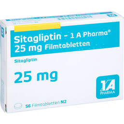 Abbildung: Sitagliptin-1A Pharma 25 mg Filmtabletten 56 St, Filmtabletten PZN 17816208