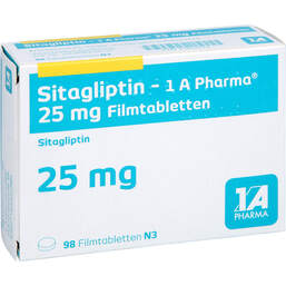 Abbildung: Sitagliptin-1A Pharma 25 mg Filmtabletten 98 St, Filmtabletten PZN 17816214