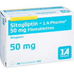 Abbildung: Sitagliptin-1A Pharma 50 mg Filmtabletten 98 St, Filmtabletten PZN 17816266