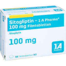Abbildung: Sitagliptin-1A Pharma 100 mg Filmtabletten 98 St, Filmtabletten PZN 17816295