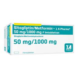 Abbildung: Sitagliptin / Metformin-1A Pharma 50 mg / 1000 mg Fta 56 St, Filmtabletten PZN 17816384