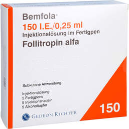 Abbildung: Bemfola 150 I.E. / 0,25 ml Injektionslösung in einem Fertigpen 5 St, Injektionslösung PZN 17824449