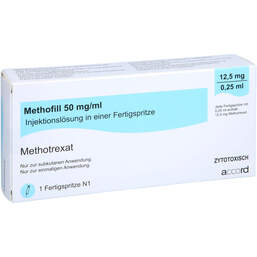 Abbildung: Methofill 12,5 mg (50 mg / ml) Injektionslösung i.e.F.-Sp. 1 St, Injektionslösung in einer Fertigspritze PZN 17829145