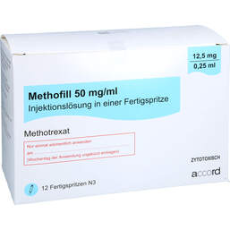 Abbildung: Methofill 12,5 mg (50 mg / ml) Injektionslösung i.e.F.-Sp. 12 St, Injektionslösung in einer Fertigspritze PZN 17829174