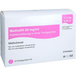 Abbildung: Methofill 17,5 mg (50 mg / ml) Injektionslösung i.e.F.-Sp. 12 St, Injektionslösung in einer Fertigspritze PZN 17829197