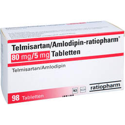 Abbildung: Telmisartan / Amlodipin-ratiopharm 80 mg / 5 mg Tabletten 98 St, Tabletten PZN 17840448