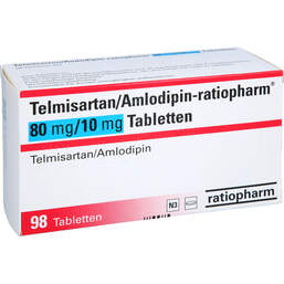 Abbildung: Telmisartan / Amlodipin-ratiopharm 80 mg / 10 mg Tabletten 98 St, Tabletten PZN 17840454