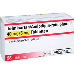 Abbildung: Telmisartan / Amlodipin-ratiopharm 40 mg / 5 mg Tabletten 98 St, Tabletten PZN 17840483