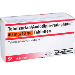 Abbildung: Telmisartan / Amlodipin-ratiopharm 40 mg / 10 mg Tabletten 98 St, Tabletten PZN 17840508