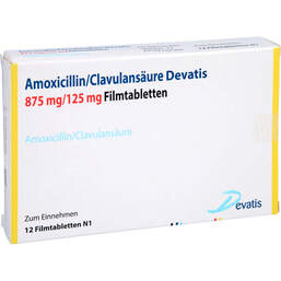 Abbildung: Amoxicillin / Clavulansäure Devatis 875mg / 125mg Fta 12 St, Filmtabletten PZN 17867022