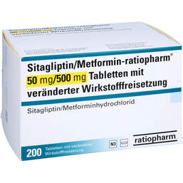 Abbildung: Sitagliptin / Metformin-ratiopharm 50mg / 500mg Tvw 200 St, Tablette mit veränderter Wirkstofffreisetzung PZN 17870426