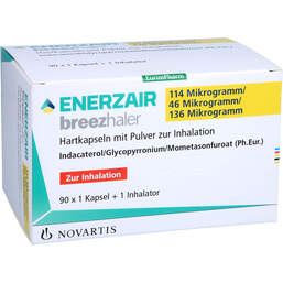 Abbildung: Enerzair Breezhaler 114µg / 46µg / 136µg Hkp.P.z.Inh. 90 St, Hartkapseln mit Pulver zur Inhalation PZN 17875292