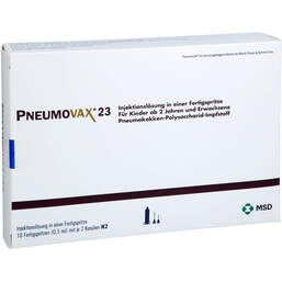 Abbildung: Pneumovax 23 Injektionslösung in einer Fertigspritze + 2 beigef.Kanülen 10X0.5 ml, Injektionslösung in einer Fertigspritze PZN 17879893