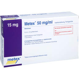 Abbildung: Metex FS 15 mg (50mg / ml) Injektionslösung Fertigspritze 6 St, Injektionslösung in einer Fertigspritze PZN 17880117