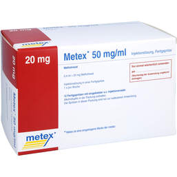 Abbildung: Metex FS 20 mg (50mg / ml) Injektionslösung Fertigspritze 12 St, Injektionslösung in einer Fertigspritze PZN 17880146