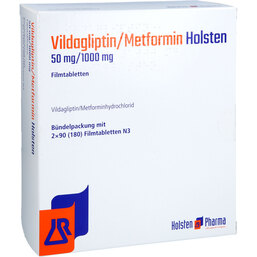 Abbildung: Vildagliptin / Metformin Holsten 50 mg / 1000 mg Fta 180 St, Filmtabletten PZN 17887668